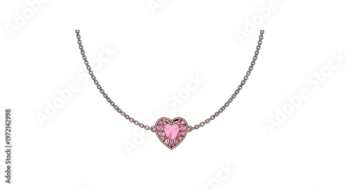 A delicate rose gold chain necklace showcases a central heart-shaped pink gemstone with intricate geometric facets against a pristine white background.