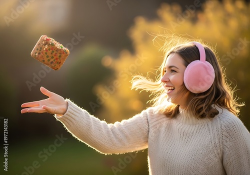 Woman throwing object outdoors wearing earmuffs during golden hour sunlight
