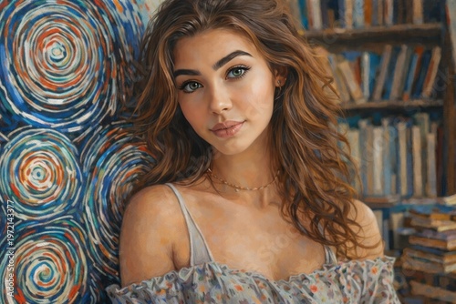 Young woman with long hair looking calmly at camera near an abstract art wall and bookshelf for artistic inspiration concept and learning