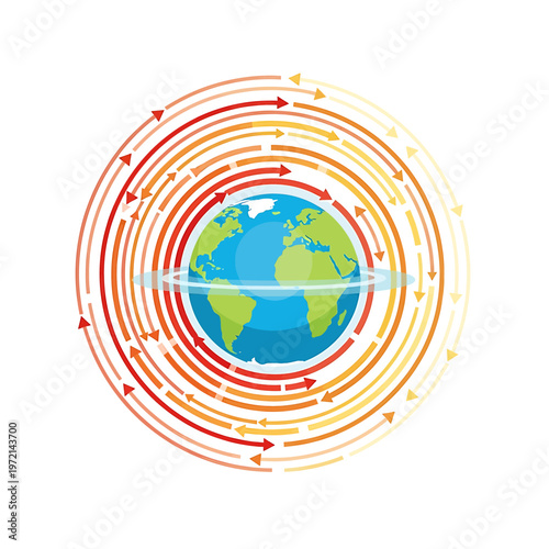Earth with colorful orbiting circular arrows.
