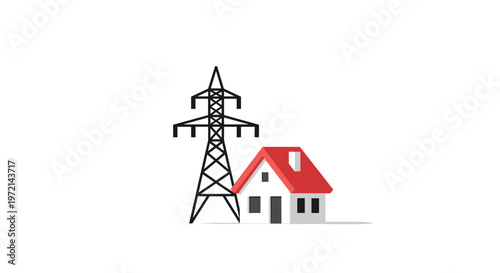 A small white residential house with a bright red roof sits directly beside a massive black steel high-voltage electrical transmission tower on white.