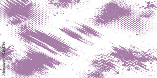 Abstract a dynamic composition of textured brushstrokes and halftone patterns. A stylish design element of various shades of purple, offering versatility and artistic potential.