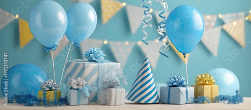 Blue Birthday Party Decorations with Balloons Gift Boxes and Party Hats in Festive Setting