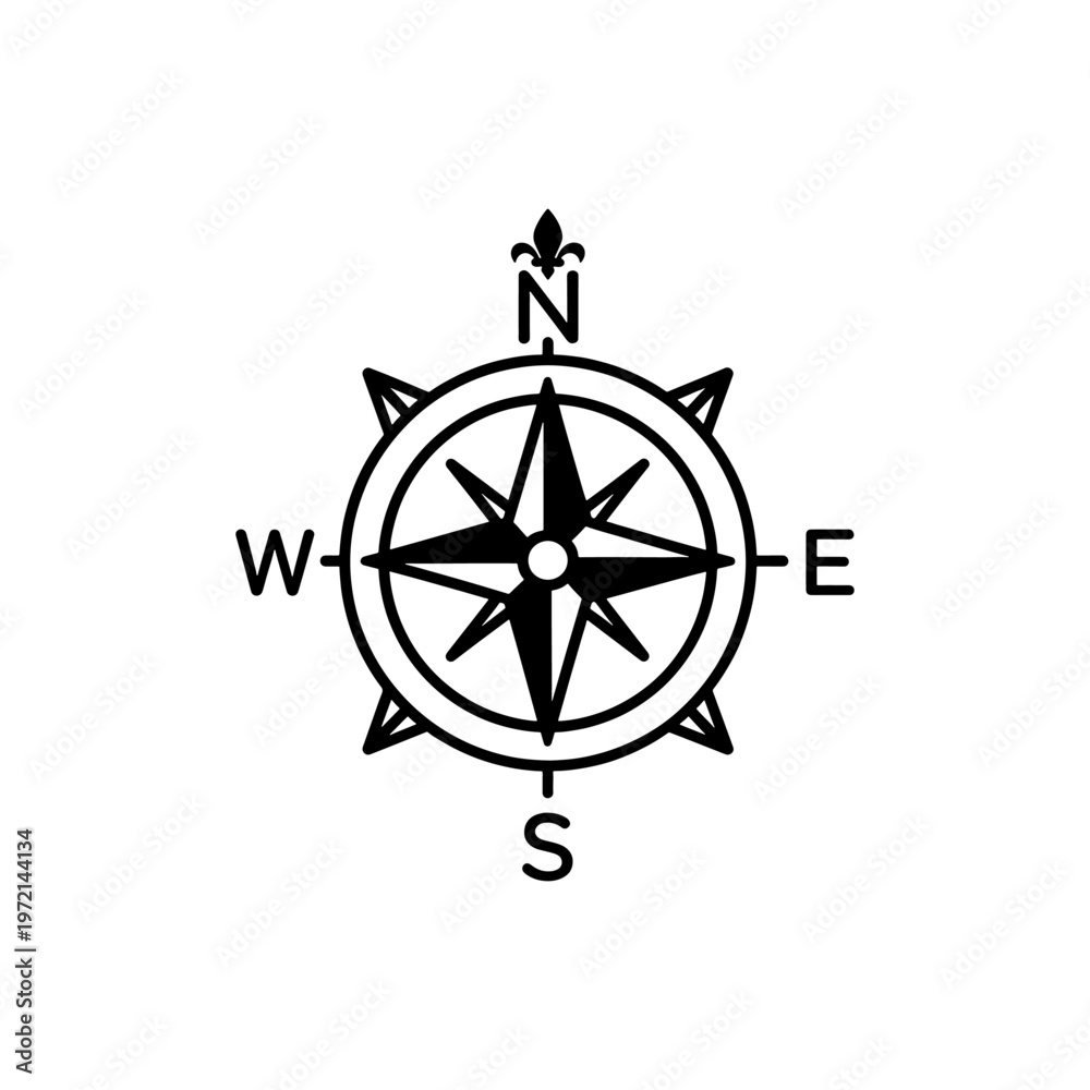 Obraz premium A classic black compass rose graphic displaying cardinal directions with a bold silhouette