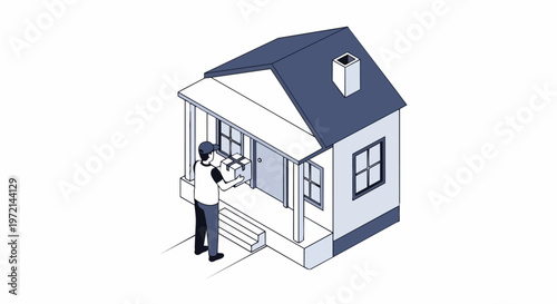Isometric Illustration of a Delivery Courier with a Package at a House Doorstep - Professional Home Shipping and E-commerce Concept
