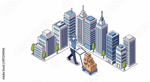 Isometric Delivery Man Pushing Hand Truck with Boxes in Urban City Environment with Skyscrapers