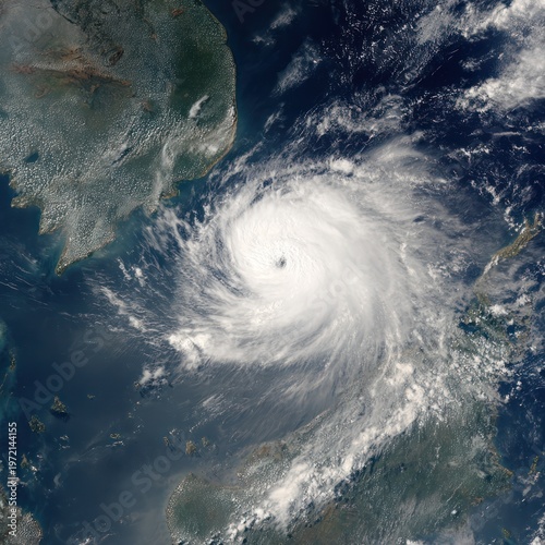 Tropical Cyclone Viewed From Space with Bright Cloud Spiral Over Ocean and Land