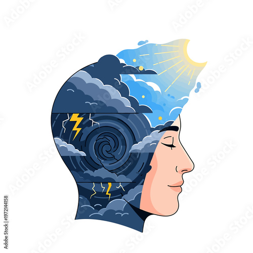 Person with stormy thoughts in head.