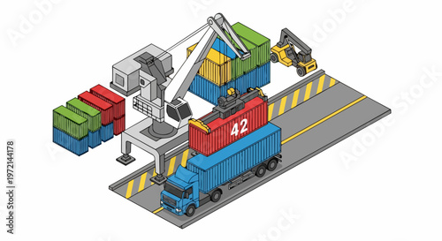 Isometric Logistics and Shipping Terminal Illustration with Cargo Crane Loading Container onto a Truck
