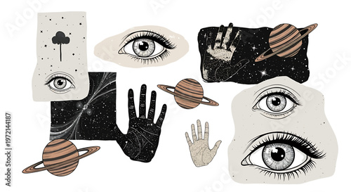 Eyes and Hands with Planets Floating.