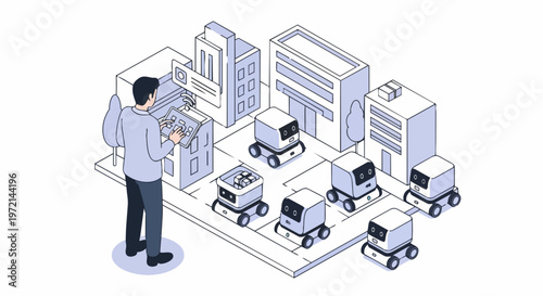 Smart Logistics and Last-Mile Delivery Concept: Fleet of Autonomous Delivery Robots Managed by Person with Digital Tablet in Urban Environment