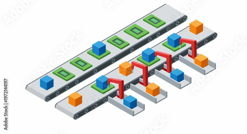 Isometric Smart Factory Illustration with Automated Conveyor Belts and Robotic Arms for Industrial Manufacturing and Logistics