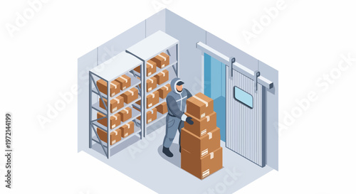Isometric Illustration of a Worker in a Thermal Suit Moving Boxes in a Cold Storage Warehouse Freezer Facility