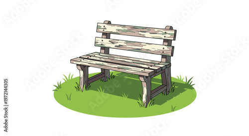 A rustic weathered wooden bench with peeling paint sits peacefully on a small circular patch of vibrant green grass against a clean white background.