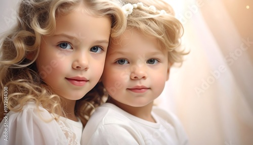 Close portrait of two fair-haired children, one with curls, against a soft, blurred background