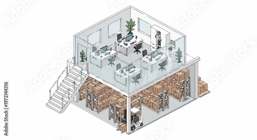 Modern Two-Story Logistics Center Isometric Illustration: Office above Warehouse Storage