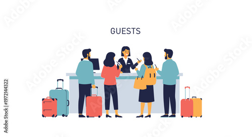 People checking in at a hotel reception with luggage and mobile phones