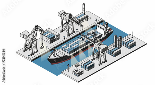 Isometric Cargo Port Illustration with Shipping Vessel, Gantry Cranes, and Containers for Global Logistics and Maritime Trade Concept