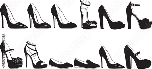Women’s shoe silhouettes, fashion footwear illustration, high heel vector design, stylish shoe artwork, elegant fashion icons, flat vector illustration, footwear graphic