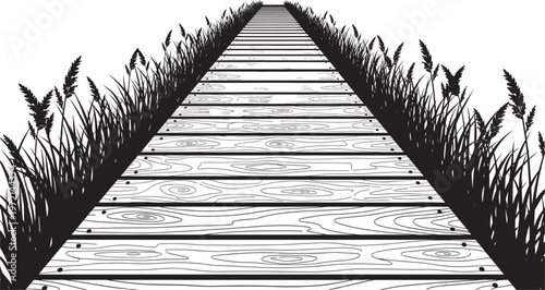 wooden pathway perspective through grass nature landscape boardwalk path rural countryside illustration black and white rustic walkway design scenic