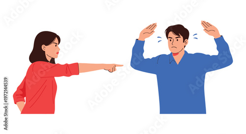 Couple in conflict a woman pointing accusingly at a frustrated man
