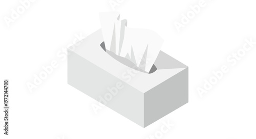 Isometric illustration of a white tissue box with pulled tissues
