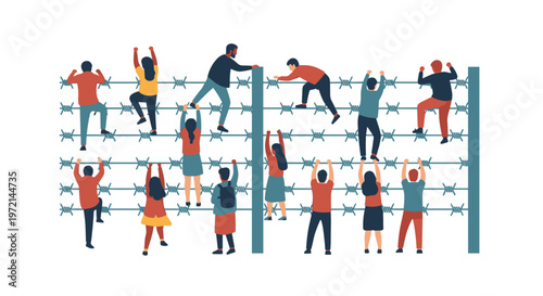 A group of people in colorful clothing are shown from behind as they attempt to climb over a high barbed wire security fence on a clean white background.