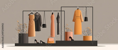 Fashion Boutique Display: Stylish clothing and accessories are artfully arranged in a chic boutique setting, inviting shoppers to explore the latest trends and elevate their personal style.