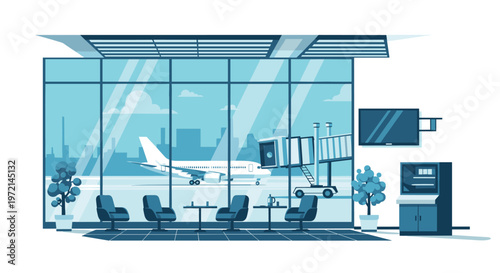 A tranquil airport waiting area displays comfortable lounge seating and small tables against a massive glass window overlooking a pristine white airplane.