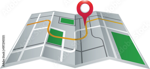 Folded paper map with red location pin and yellow route line, flat design vector illustration