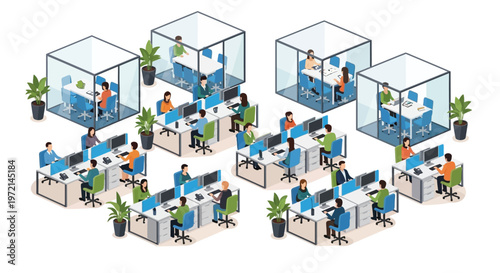 Isometric illustration of a busy modern office with individual workstations