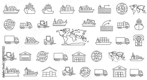 Collection of linear icons representing global shipping logistics and trade