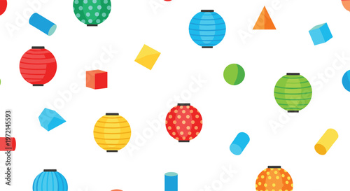A whimsical seamless pattern showcases vibrant paper lanterns in multiple colors mixed with three-dimensional geometric shapes on a white background.