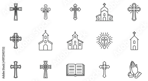 Collection of religious icons including crosses churches and biblical symbols