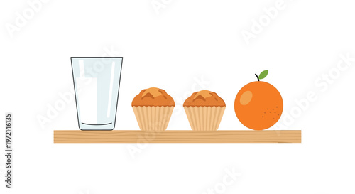 A simple breakfast arrangement featuring a glass of milk two golden muffins and a ripe orange sits neatly on a light wooden shelf background.