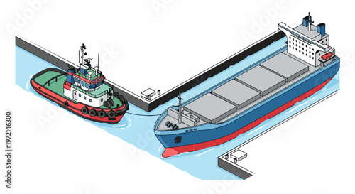 Isometric Illustration of a Tugboat Assisting a Large Cargo Ship in a Harbor Port for Maritime Logistics and Shipping Trade