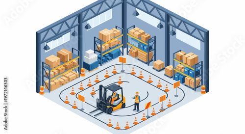Isometric Warehouse Illustration with Forklift Driver Training Safety Zone, Industrial Racks, and Storage Boxes for Logistics and Supply Chain Management Concept