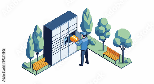 Isometric Courier Delivering Package to Automated Smart Parcel Locker in Outdoor Park Illustration