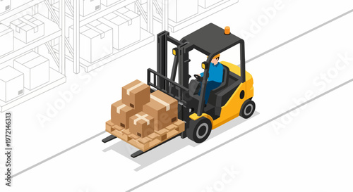 Isometric Forklift Truck with Operator Carrying Pallet of Cardboard Boxes in Warehouse Logistics Center