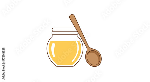 A simple glass jar filled with viscous golden honey is paired with a classic long wooden spoon against a clean and bright white background space.