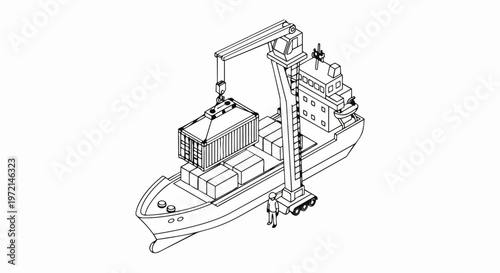 Isometric Line Art of Cargo Ship Loading Shipping Container with Harbor Crane and Logistics Worker