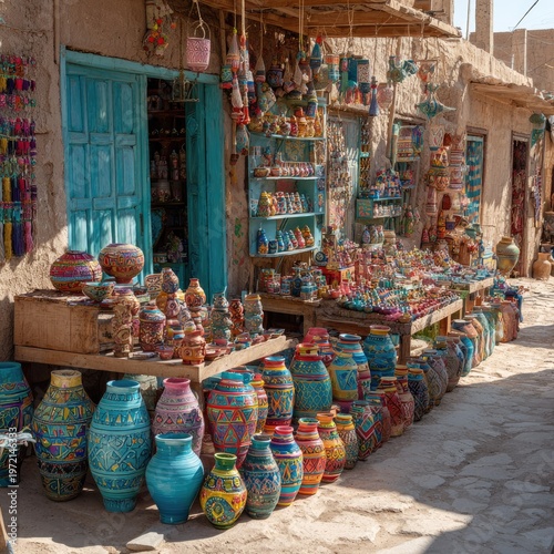 Colorful Handmade Pottery and Crafts Display Outside Rustic Shop in Sunny Village