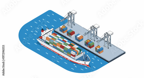 Isometric Illustration of a Cargo Container Ship Docked at a Commercial Port with Cranes for Global Logistics and Supply Chain Concept