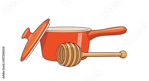 A vibrant orange ceramic cooking pot with a matching lid is displayed alongside a traditional wooden honey dipper on a pristine white background.