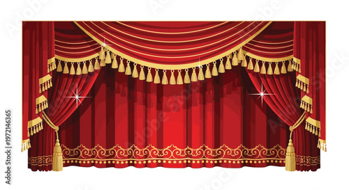 Elegant red stage curtains with gold trim and sparkling stage lights