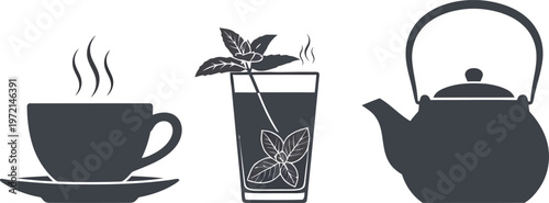 A minimalist set of black icons featuring a hot cup of tea a refreshing mint drink and a teapot