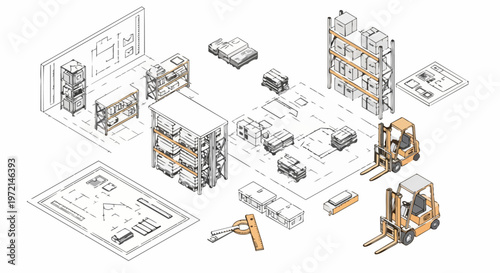 Isometric Warehouse Logistics Planning Illustration with Blueprints, Shelving Units, and Forklifts