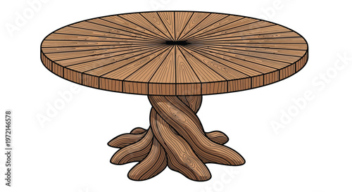 A rustic circular wooden table with a uniquely shaped tree trunk base