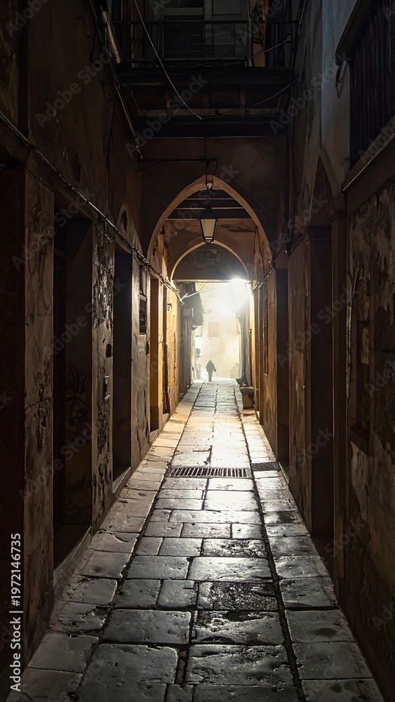 Fototapeta premium A dimly lit corridor with arched doorway and stone floor