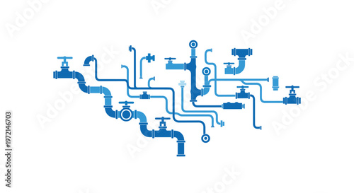 A vibrant blue network of industrial pipes and control valves forms a complex interconnected system across a clean white background under bright white light.